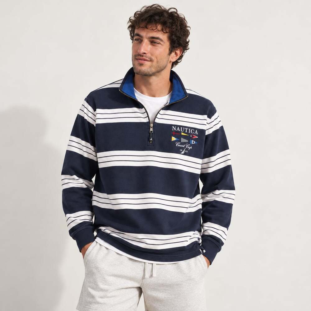 Nautica North Coast Sailing Club Coast Cup Striped Preppy Quarter Zip Pullover L